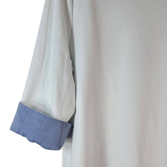 Nautica Womens 3/4 Sleeve Top White XXL Blue Flip Cuffs Crew Neck 100% Cotton - Picture 3 of 6